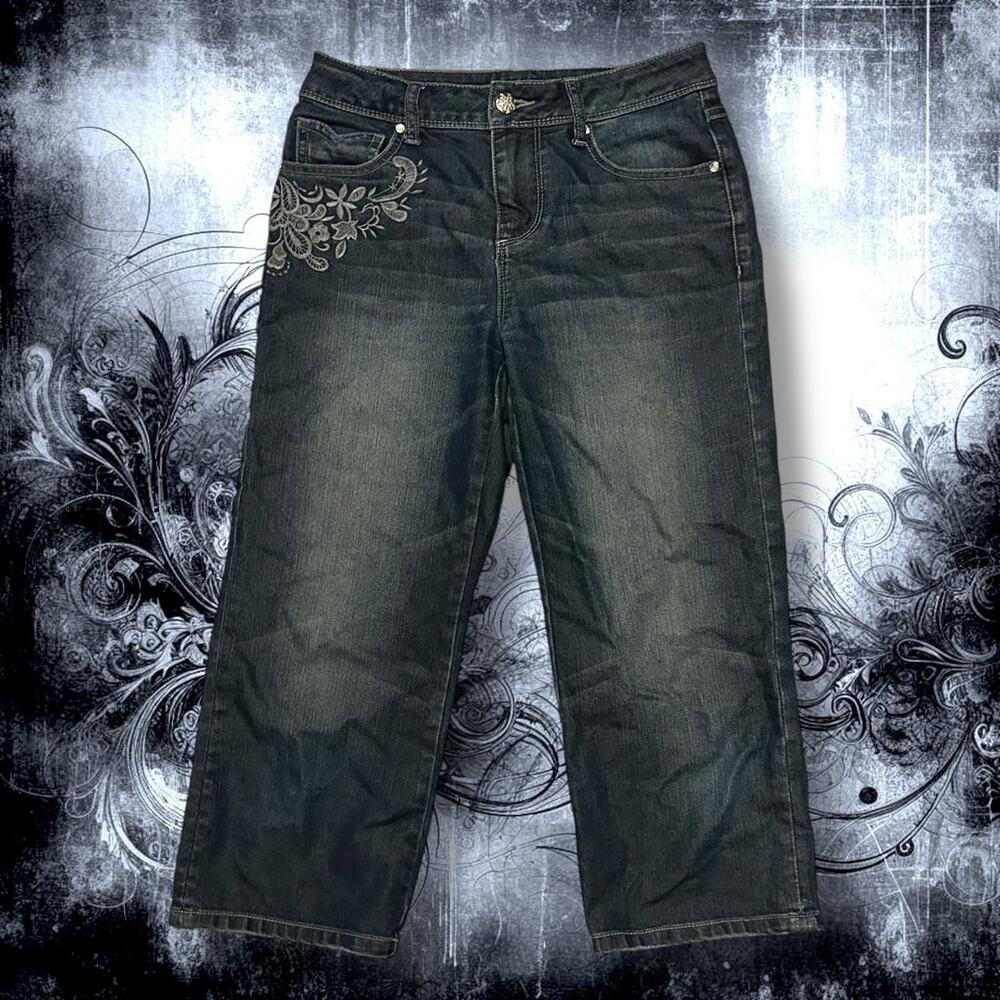 dark wash denim with intricate floral embroidery y2k vintage core straight jeans